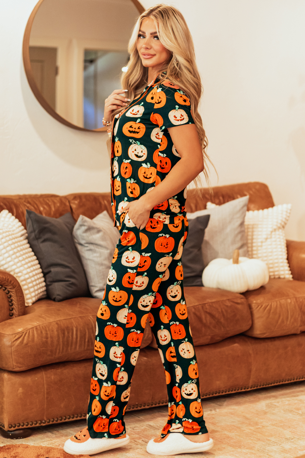 Orange Halloween Pattern Short Sleeve Shirt Pajama Set - Image 3
