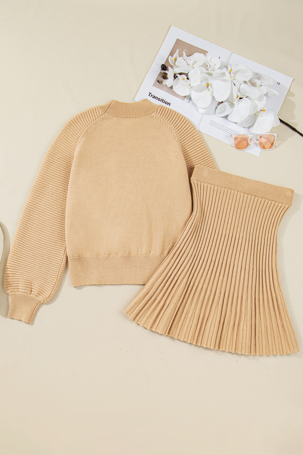 Smoke Gray High Neck Puff Sleeve Sweater Pleated Mini Skirt 2pcs Knitted Outfit - Image 4