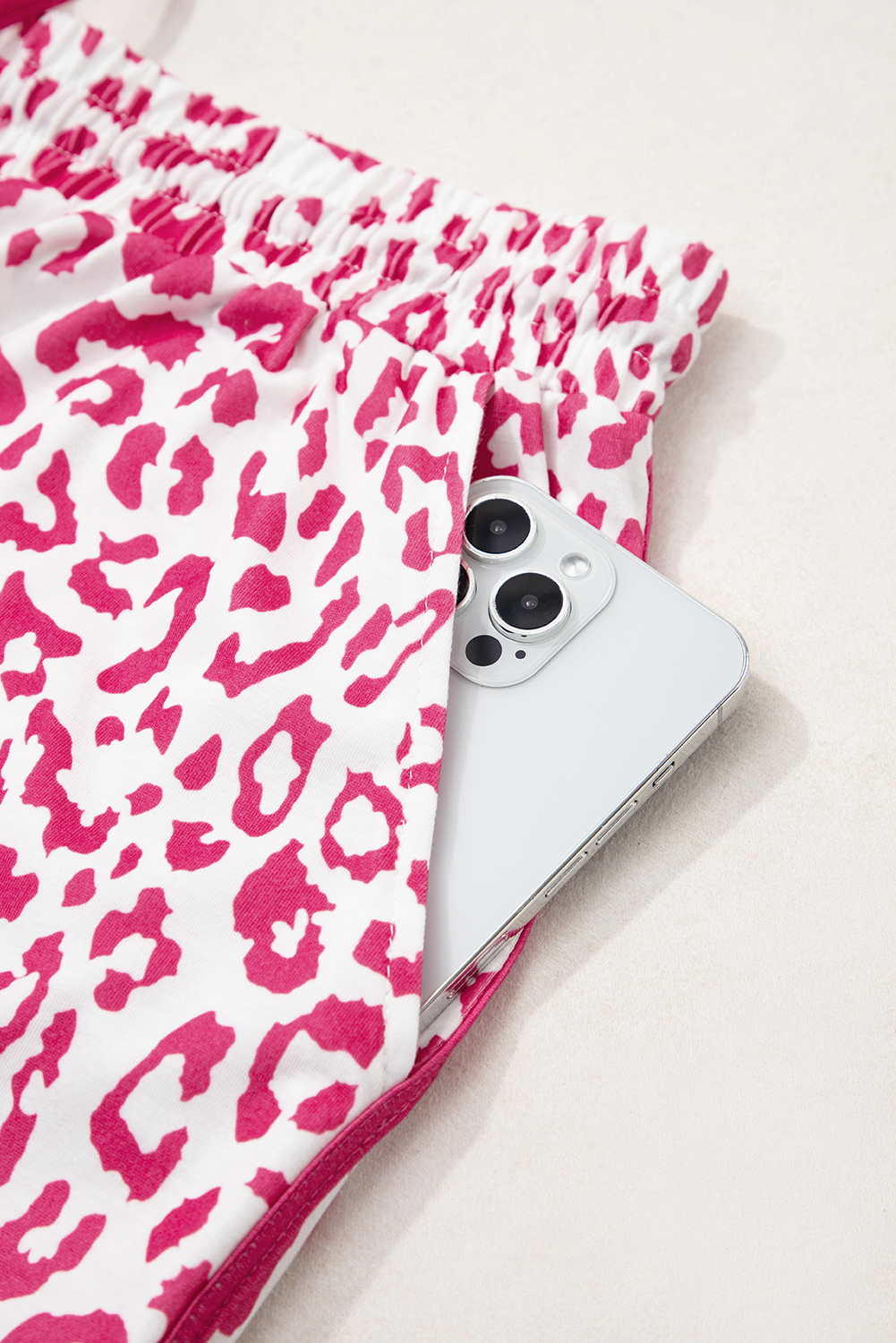 Pink Leopard Elastic Waistband Lace up Contrast Trim Casual Shorts - Image 8