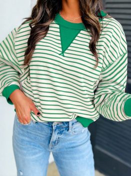 Bright Green Striped Exposed Seam Patchwork Loose Pullover Top