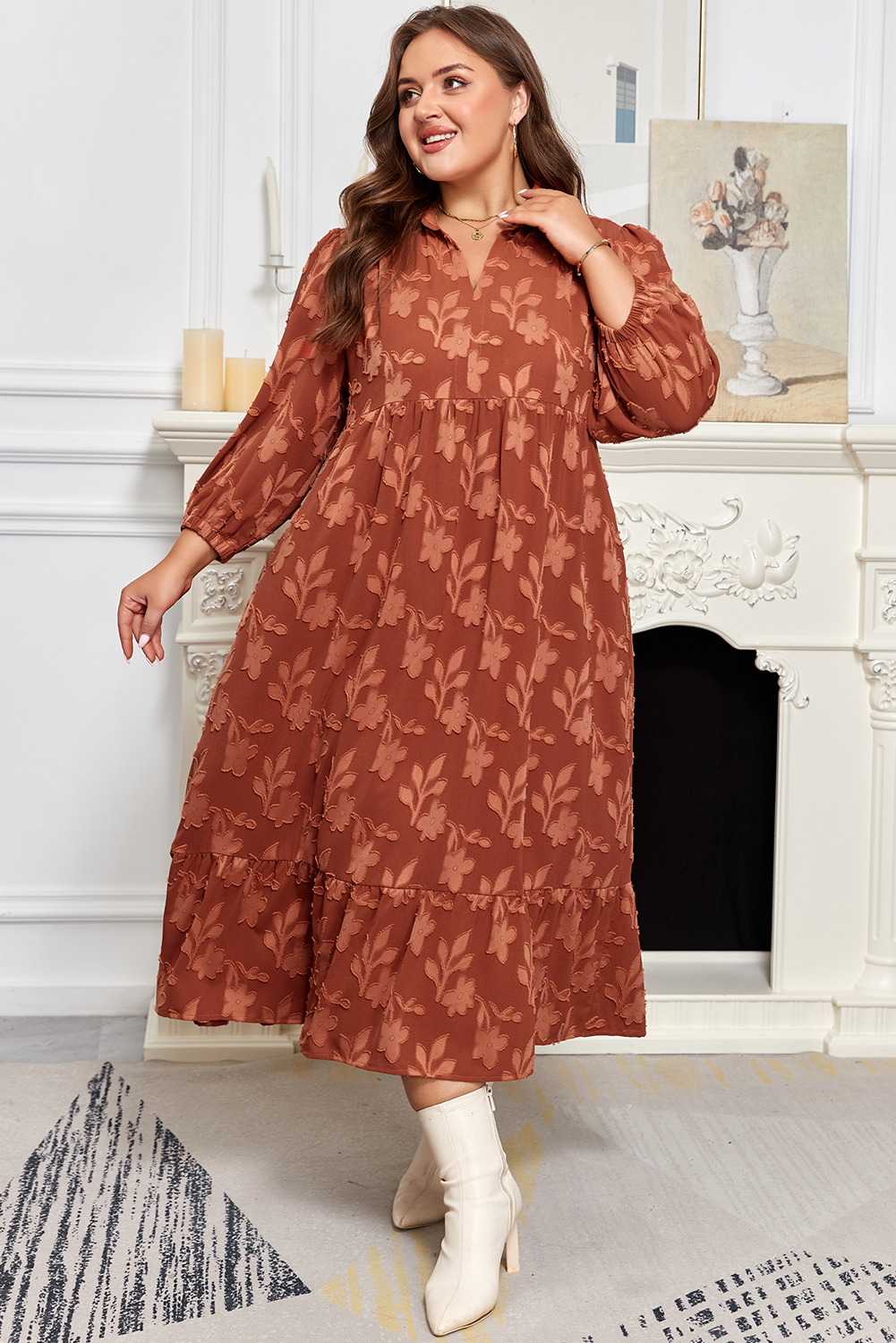Cinnamon Plus Size Textured 3D Flower Pattern Ruffle Hem 3/4 Sleeve Long Dress - Image 4