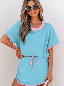 Turquoise Colorblock Edge Drop Shoulder T Shirt and Skort 2Pcs Set
