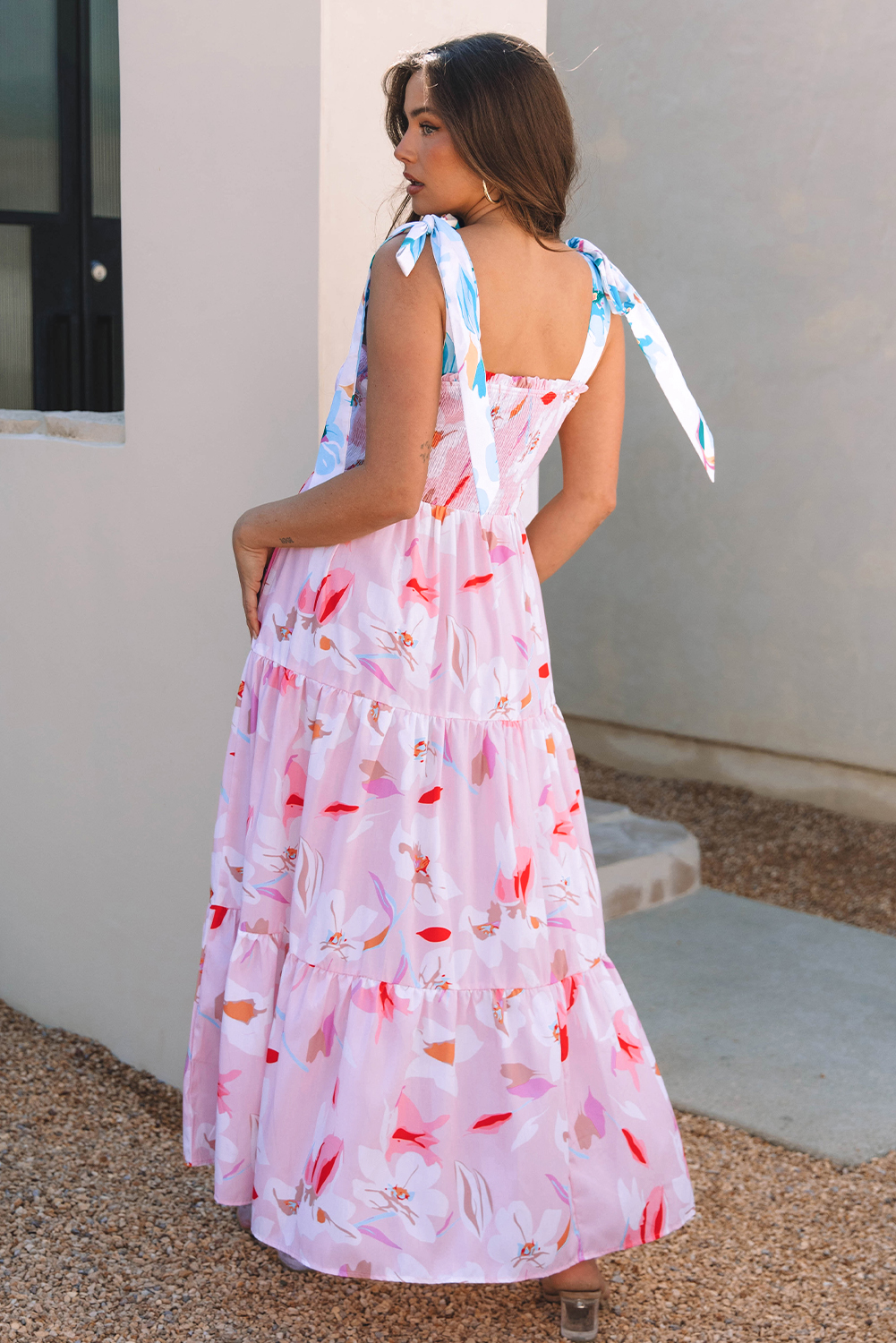Pink Floral Print Knotted Shoulder Smocked Maxi Dress - Image 2