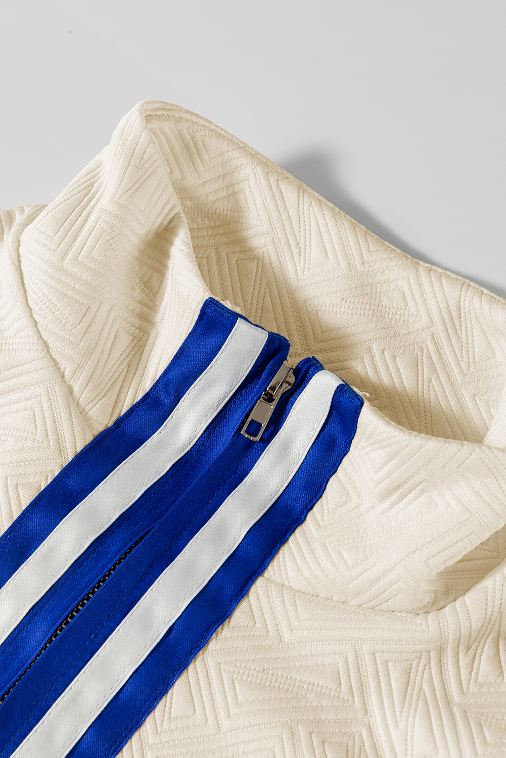 Beige Preppy Striped Trim Textured Quarter Zipper Colorblock Short Sleeve Top - Image 5