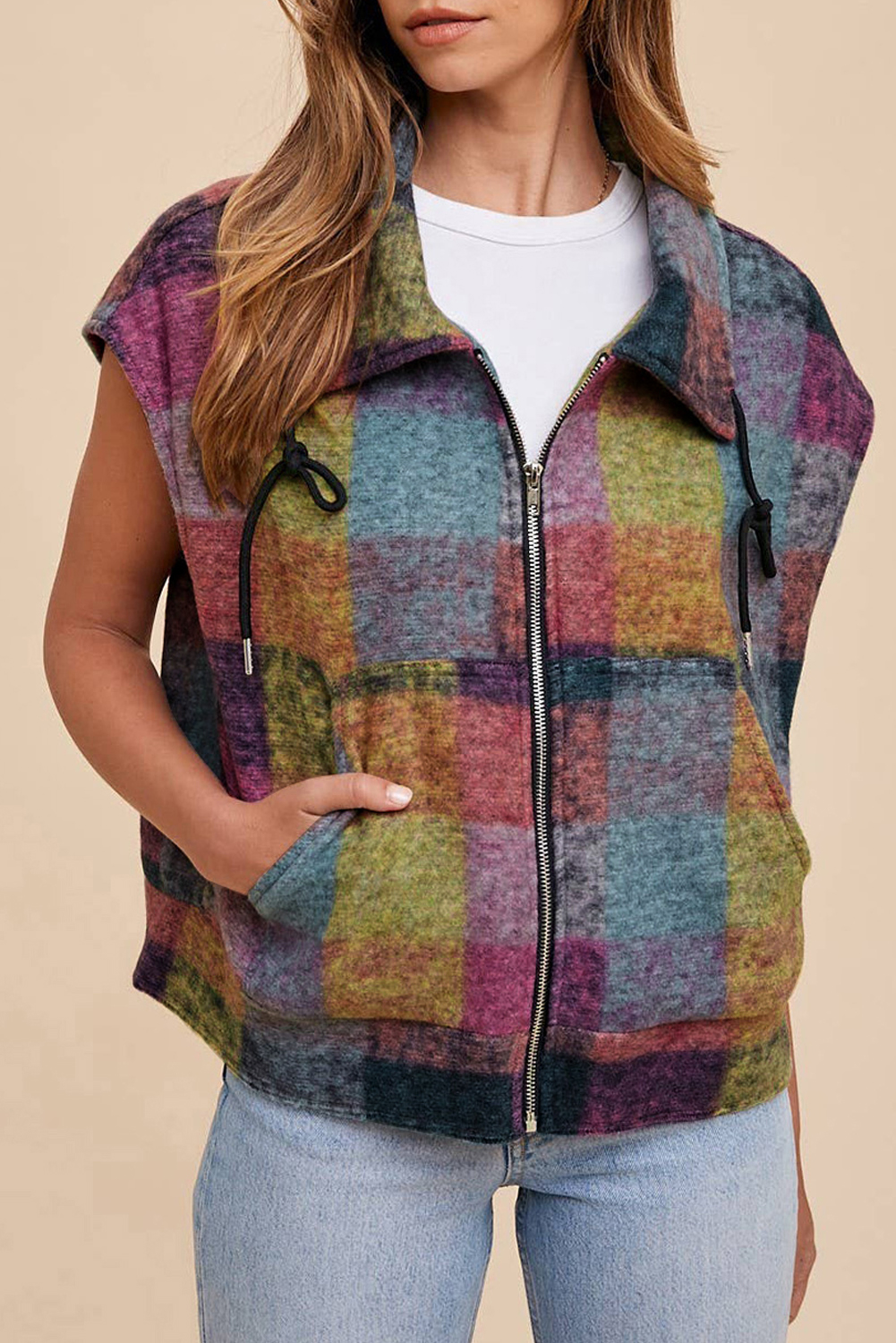 Multicolor Plaid Print Side Pockets Zipped Loose Vest - Image 8