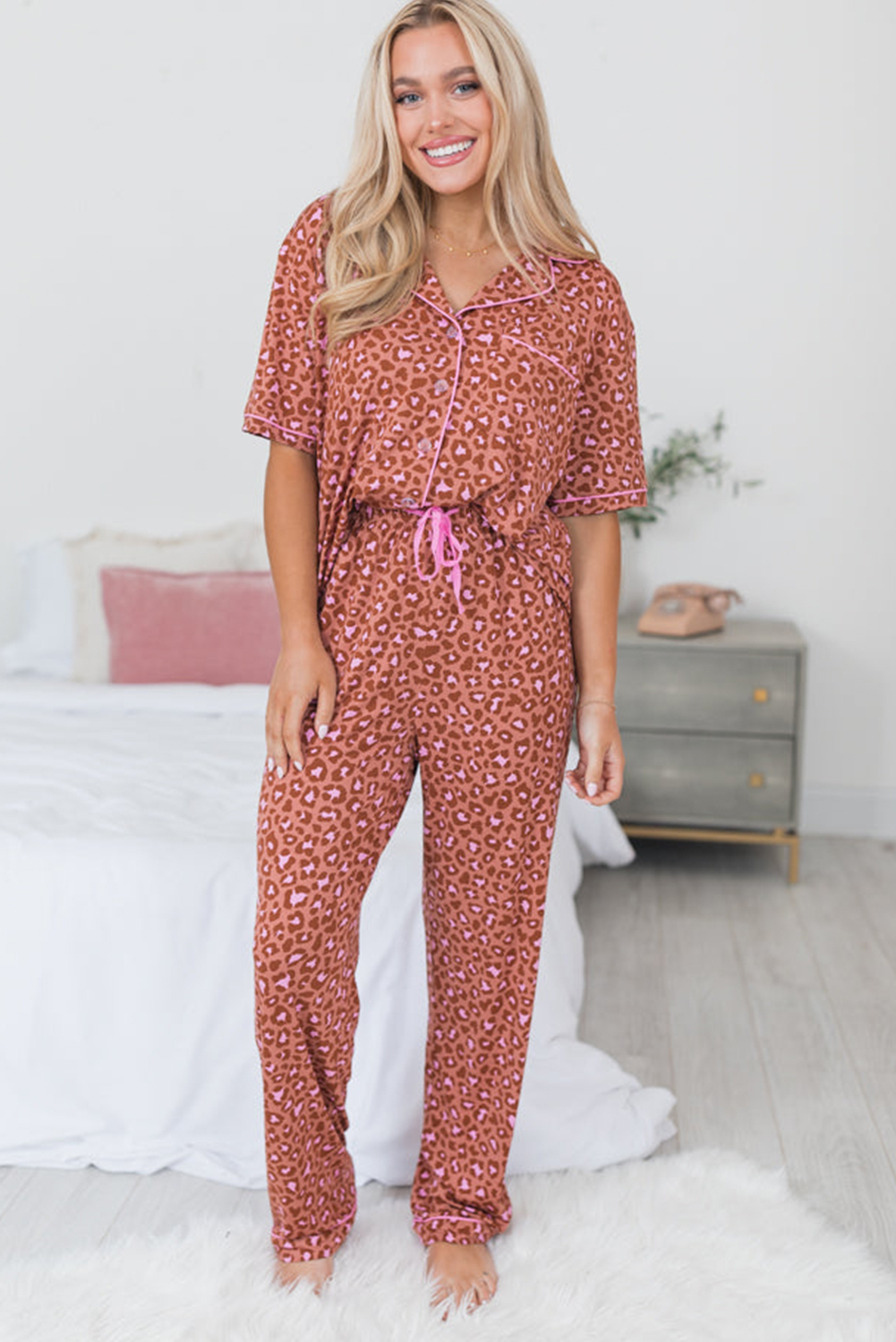 Brown Leopard Print Short Sleeve Shirt and Pants Pajamas Set - Image 5
