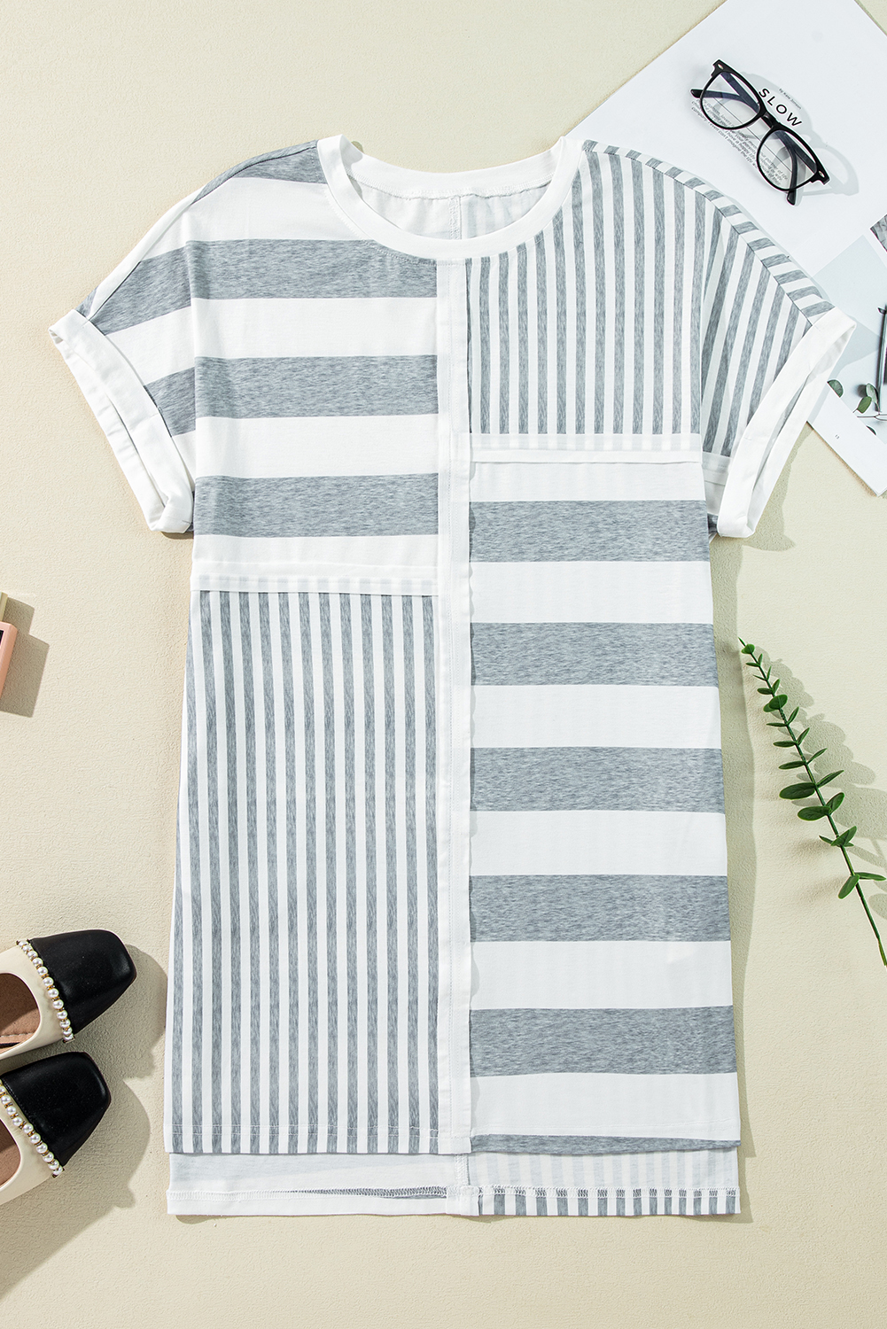Gray Stripe Mixed Printed Short Sleeve Shift Mini T Shirt Dress - Image 6
