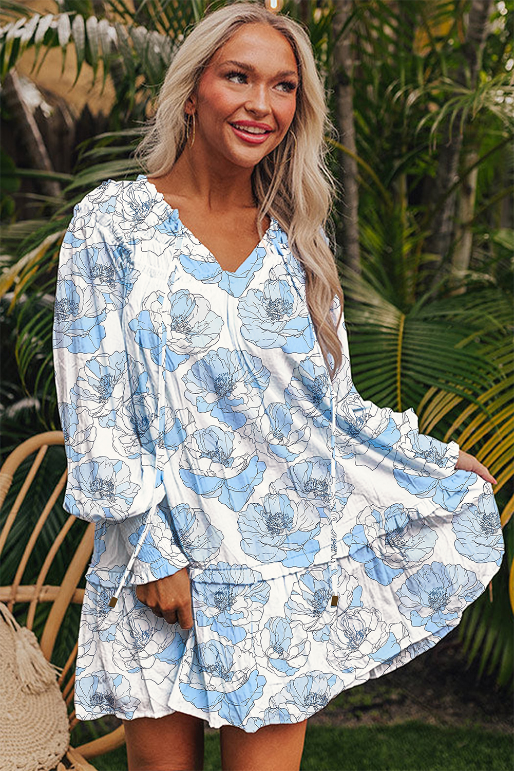 Sky Blue Floral Print Tie Neck Long Sleeve Flowy Mini Dress - Image 3