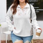 Gray Camo Leaves Patchwork Zipped Collar Pullover Plus Size Sweatshirt