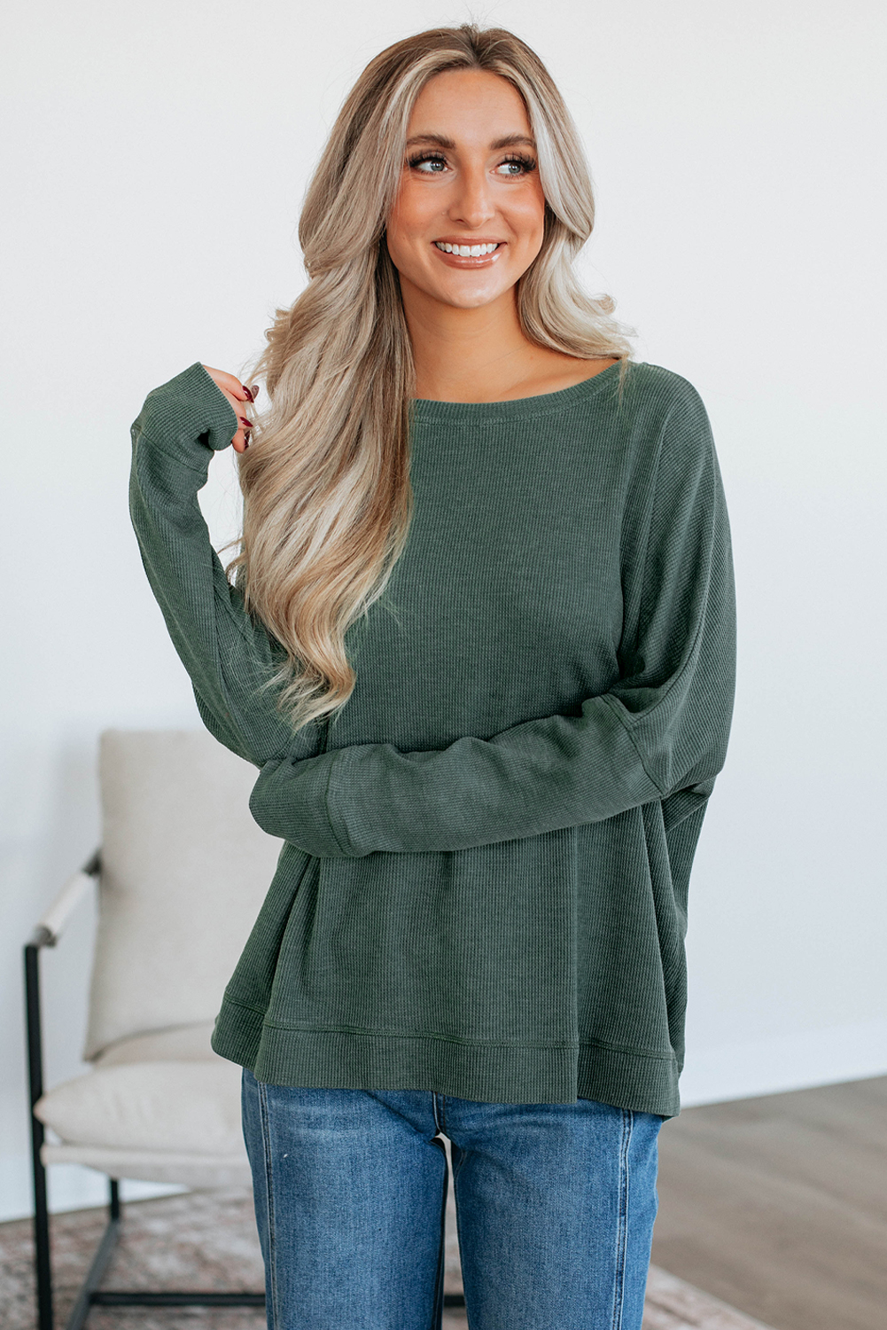 Mist Green Waffle Knit Patchwork Long Sleeve Loose Top - Image 4