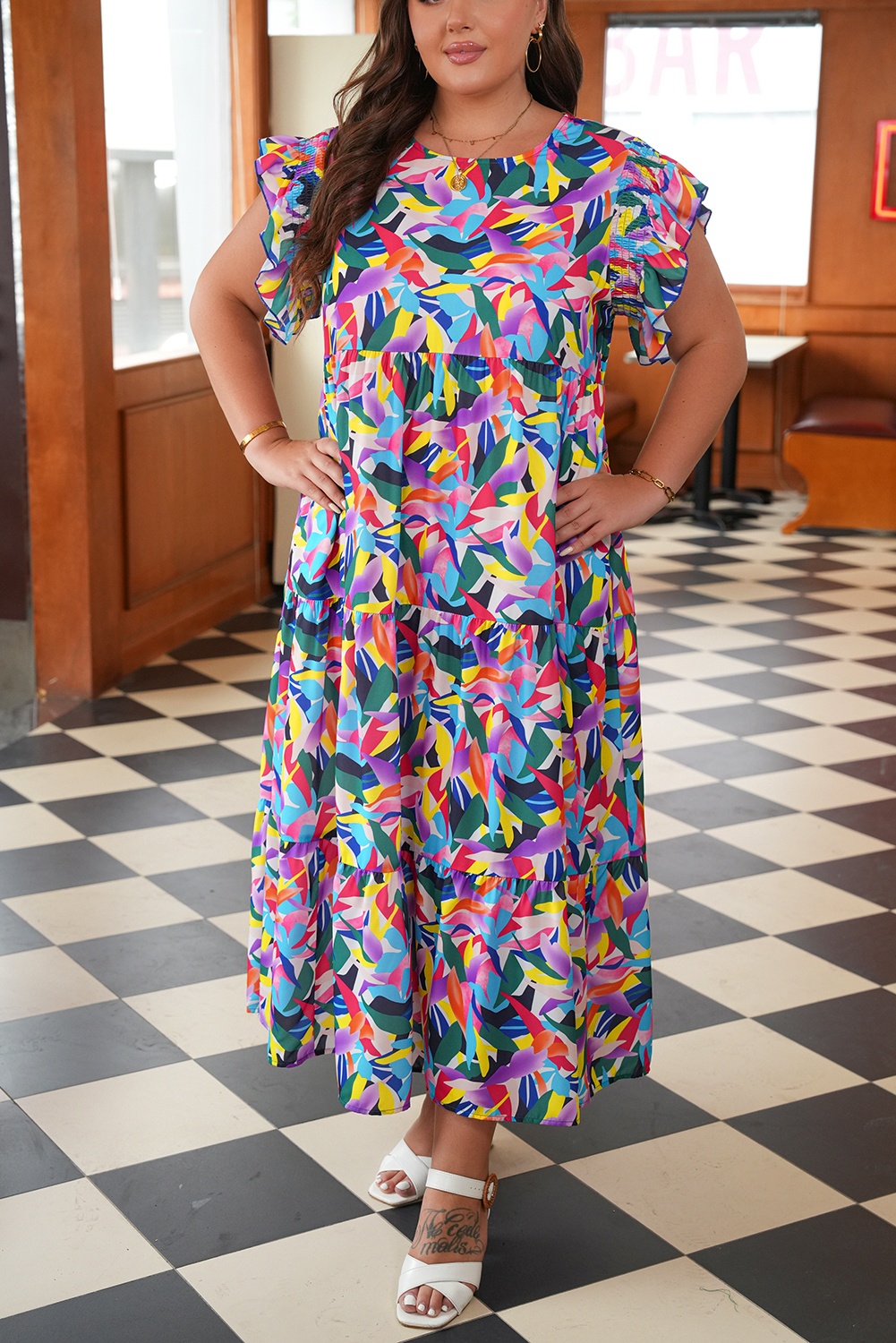 Blue Geometric Print Ruffled Short Sleeve Plus Size Tiered Maxi Dress - Image 6