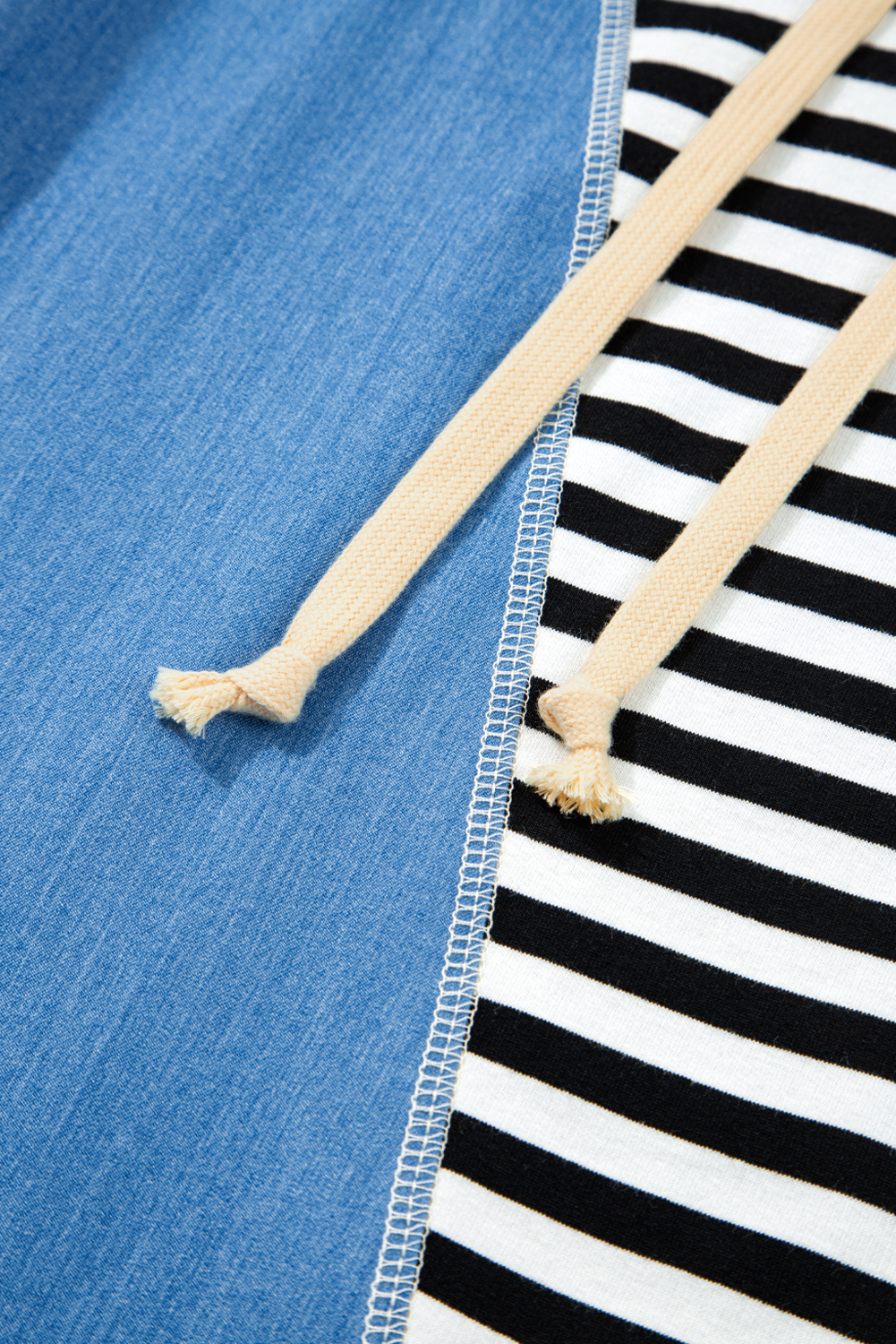 Black Stripe Denim Color Block Quarter Zip Baggy Drawstring Hoodie - Image 8