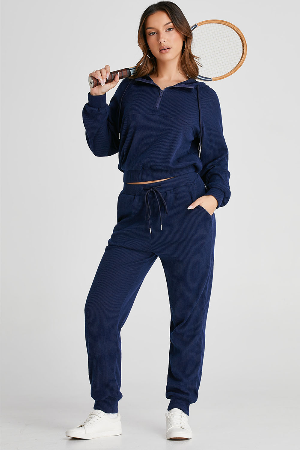 Navy Blue Ribbed Knit Cropped Hoodie and Drawstring Joggers Set - Image 5