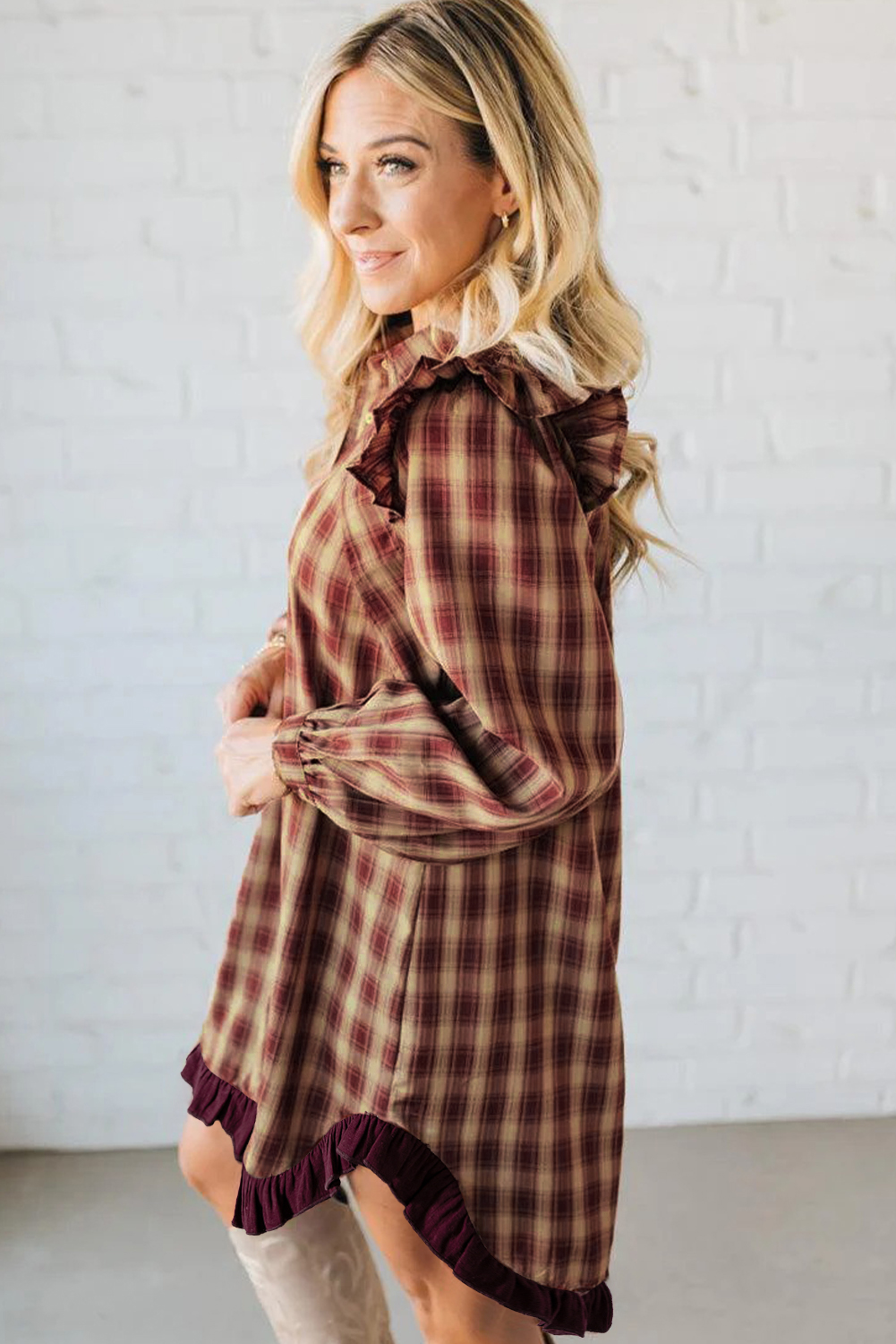 Red Plaid Print Ruffled Long Sleeve Patchwork Hem Mini Shirt Dress - Image 5