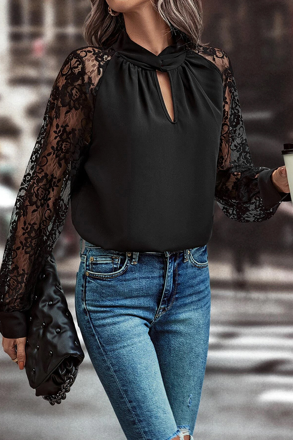 Black Keyhole Neckline Floral Lace Raglan Sleeve Blouse - Image 5