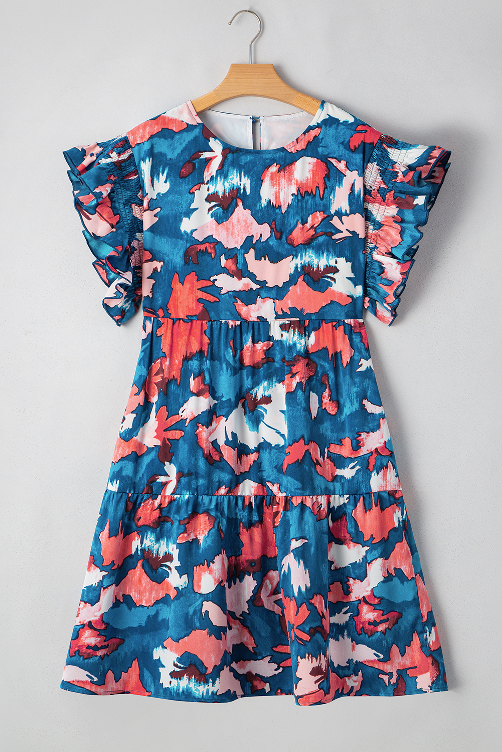 Blue Abstract Print Shirred Ruffled Short Sleeve Tiered Plus Size Mini Dress - Image 8