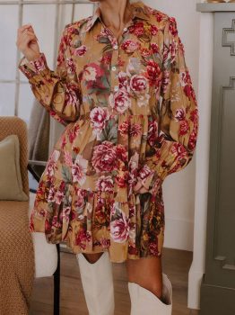 Brown Vintage Floral Print Shirt Style Half Button Long Sleeve Ruffle Mini Dress
