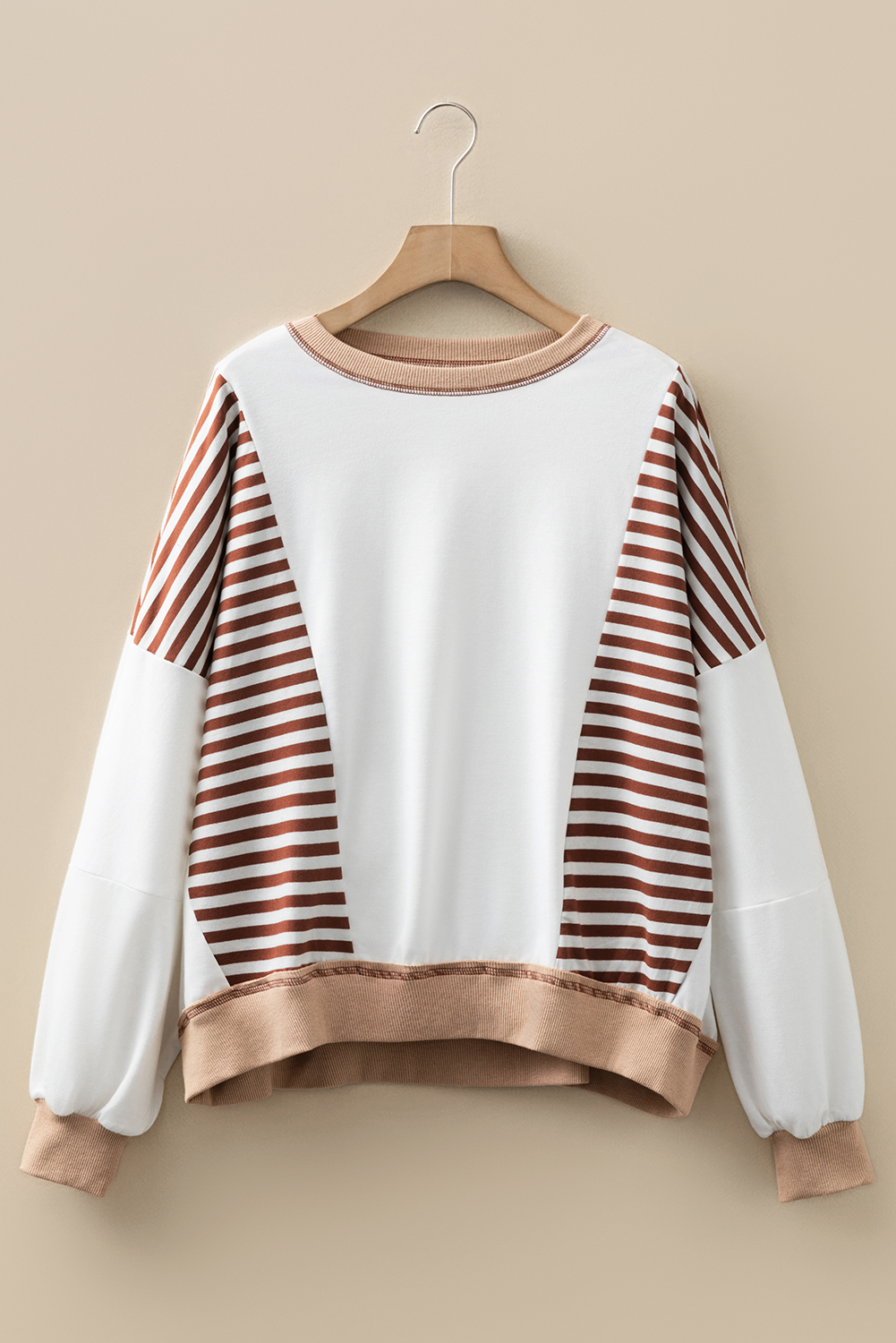 Brown Stripe Colorblock Patchwork Contrast Stitching Oversize Sweatshirt - Image 5