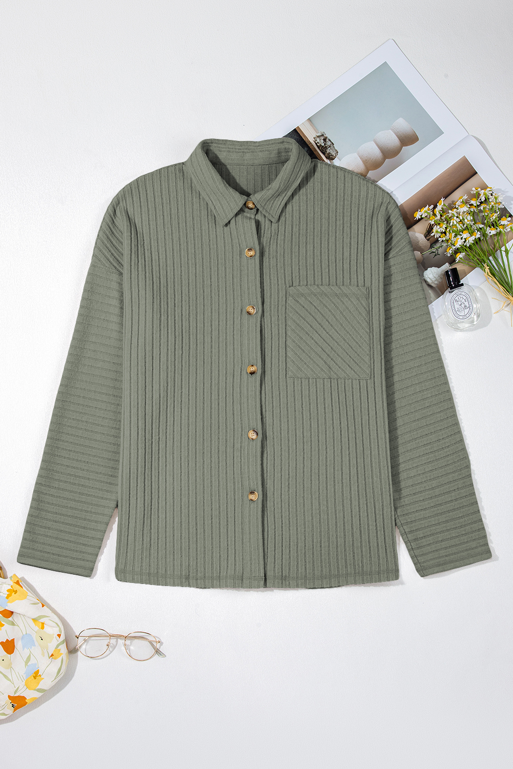 Mist Green Thermal Ribbed Texture Drop Shoulder Button Up Shacket - Image 6