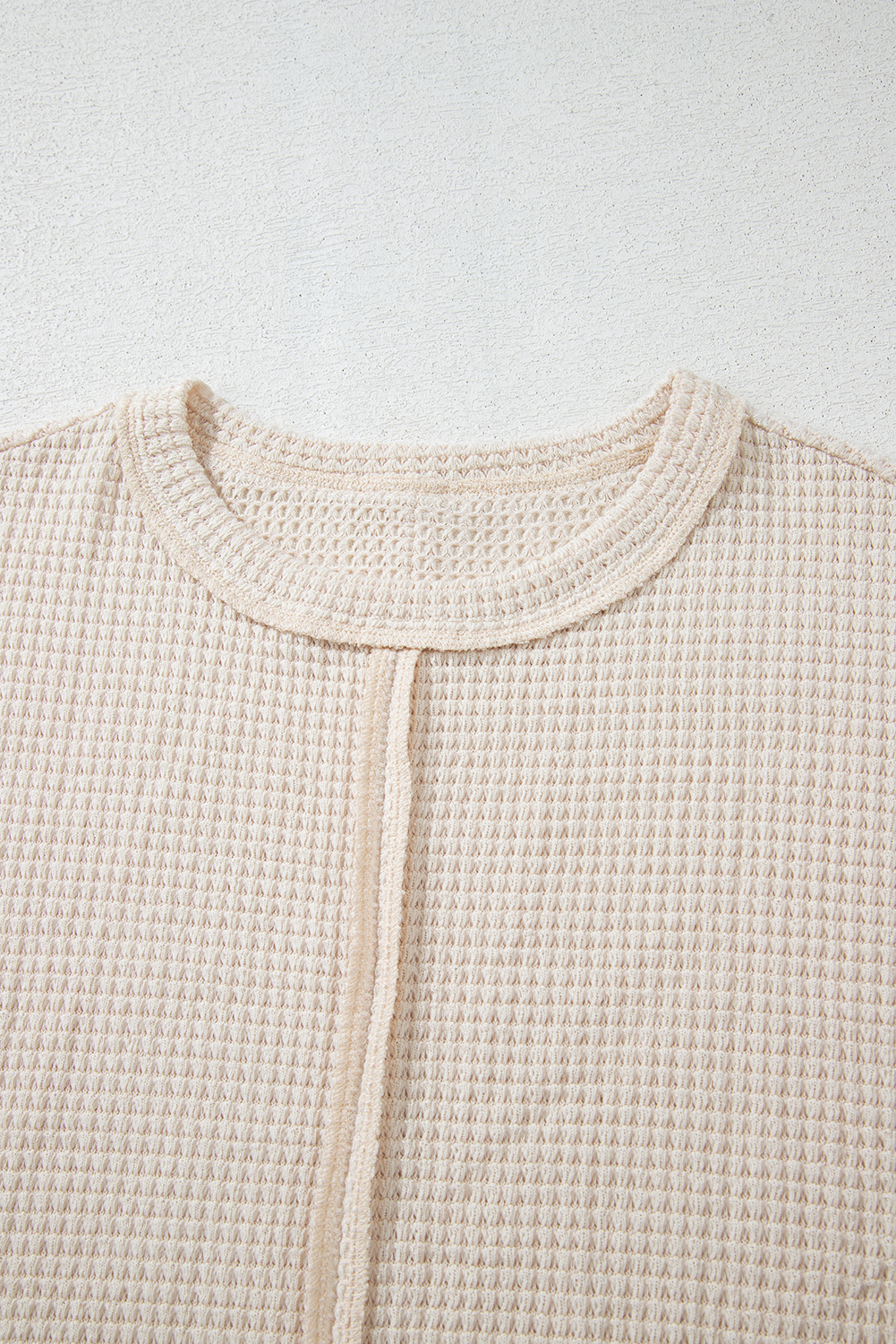 Pale Khaki Solid Color Textured Seamed Short Sleeve Top - Image 6