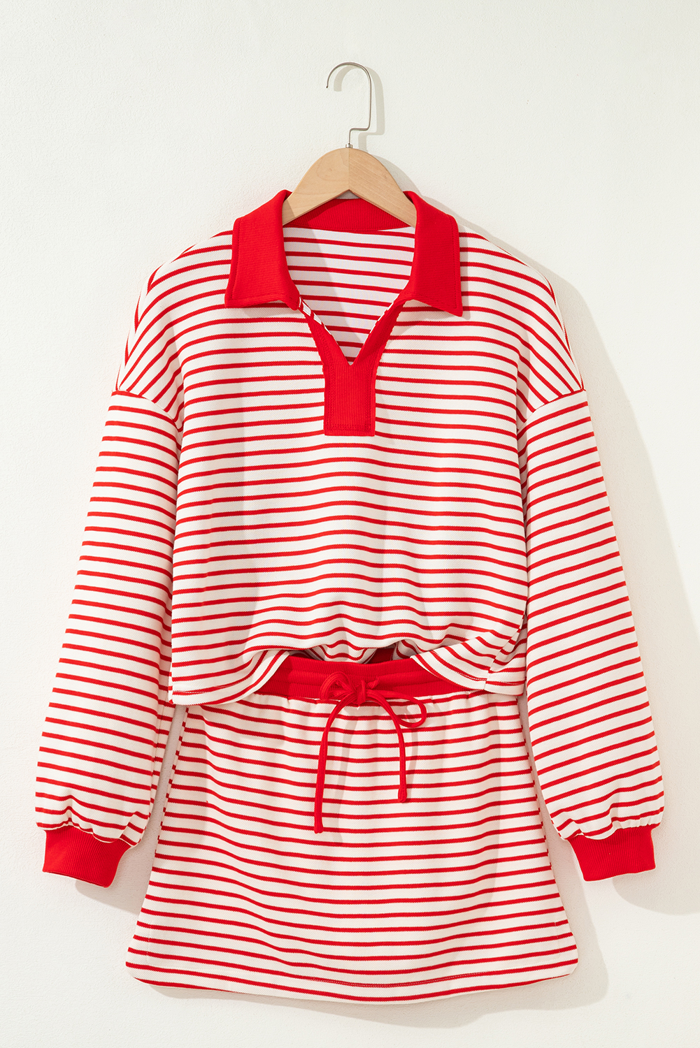 Red Stripe Collared V Neck Drop Shoulder Pullover and Skort 2pcs Outfit - Image 7