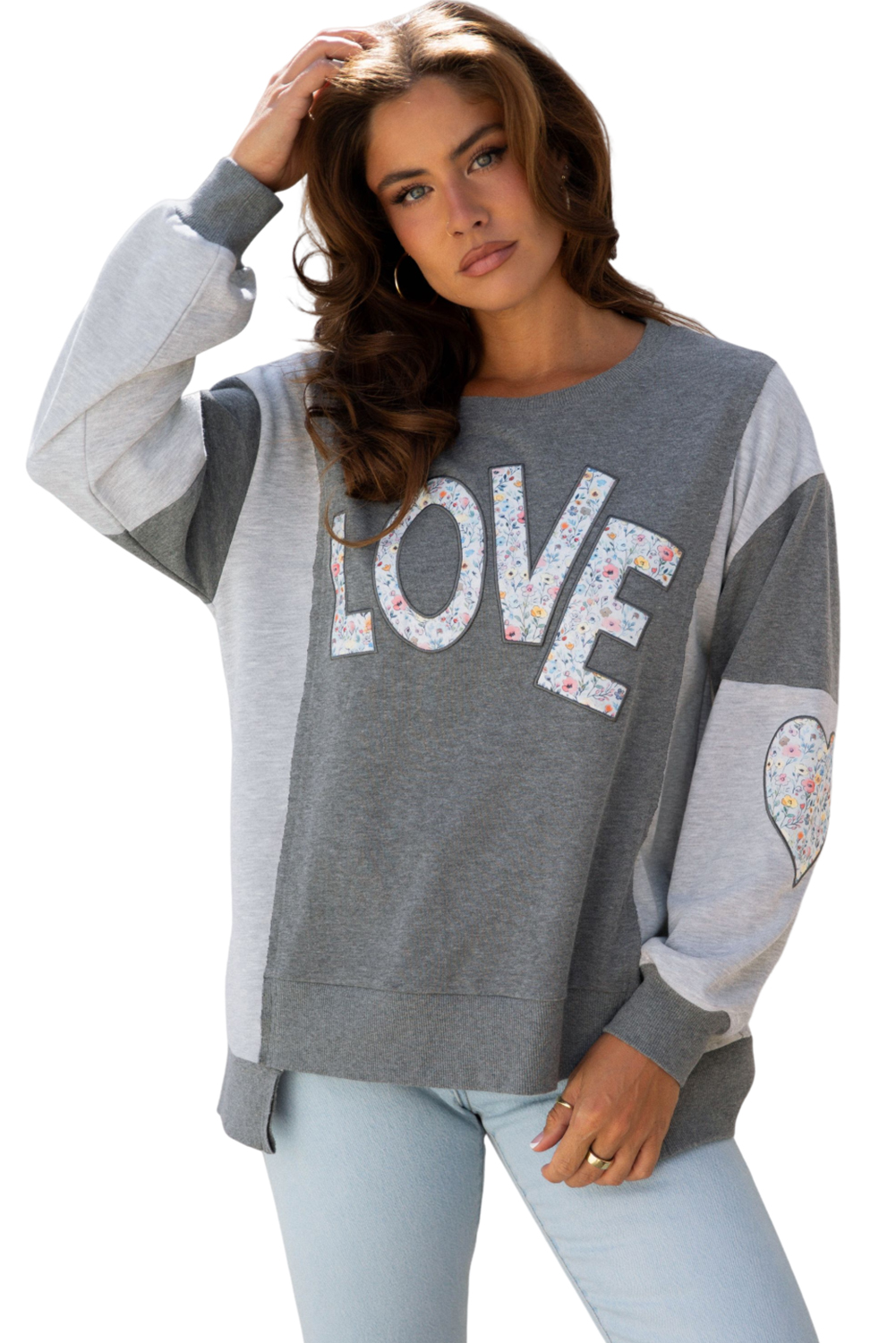 Dark Grey LOVE Graphic Exposed Seam Patchwork Uneven Hem Chic Sweatshirt - Image 13