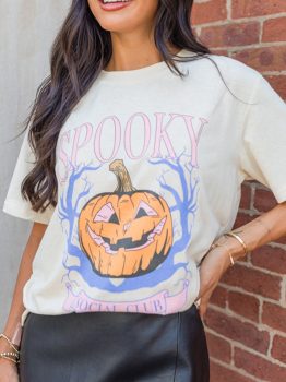 White SPOOKY Pumpkin Print Round Neck Halloween T Shirt