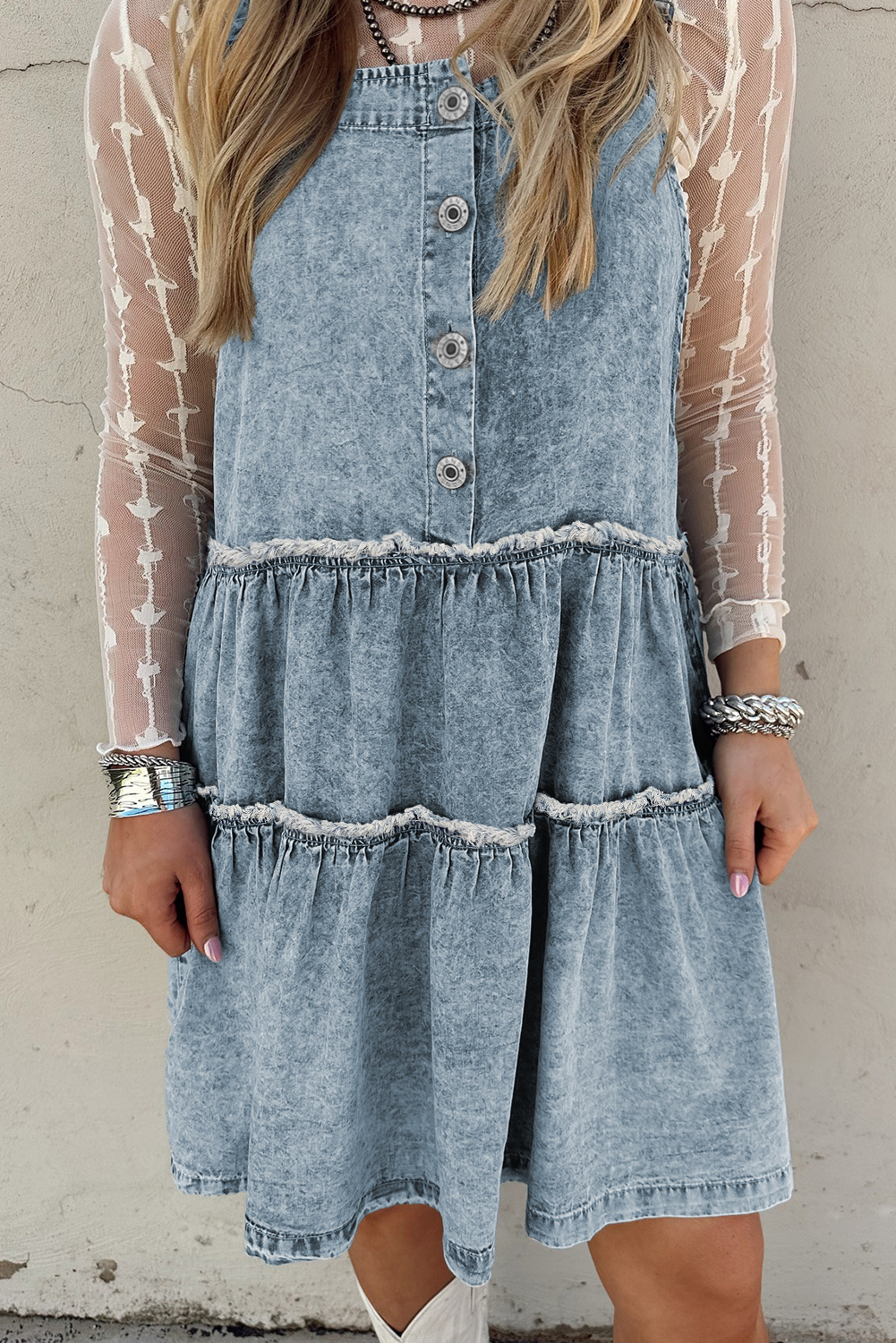 Dusk Blue Light Wash Tiered Flowy Overall Denim Dress - Image 4