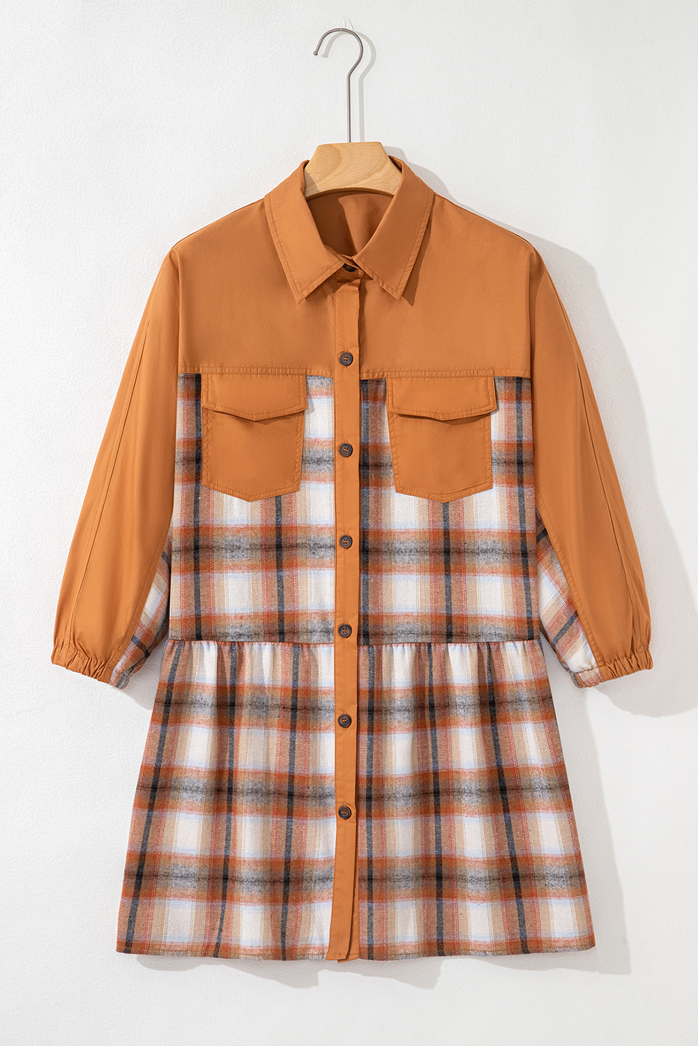 Khaki Plaid Color Block Patchwork Ruffle Hem Tunic Shirt Dress - Image 3