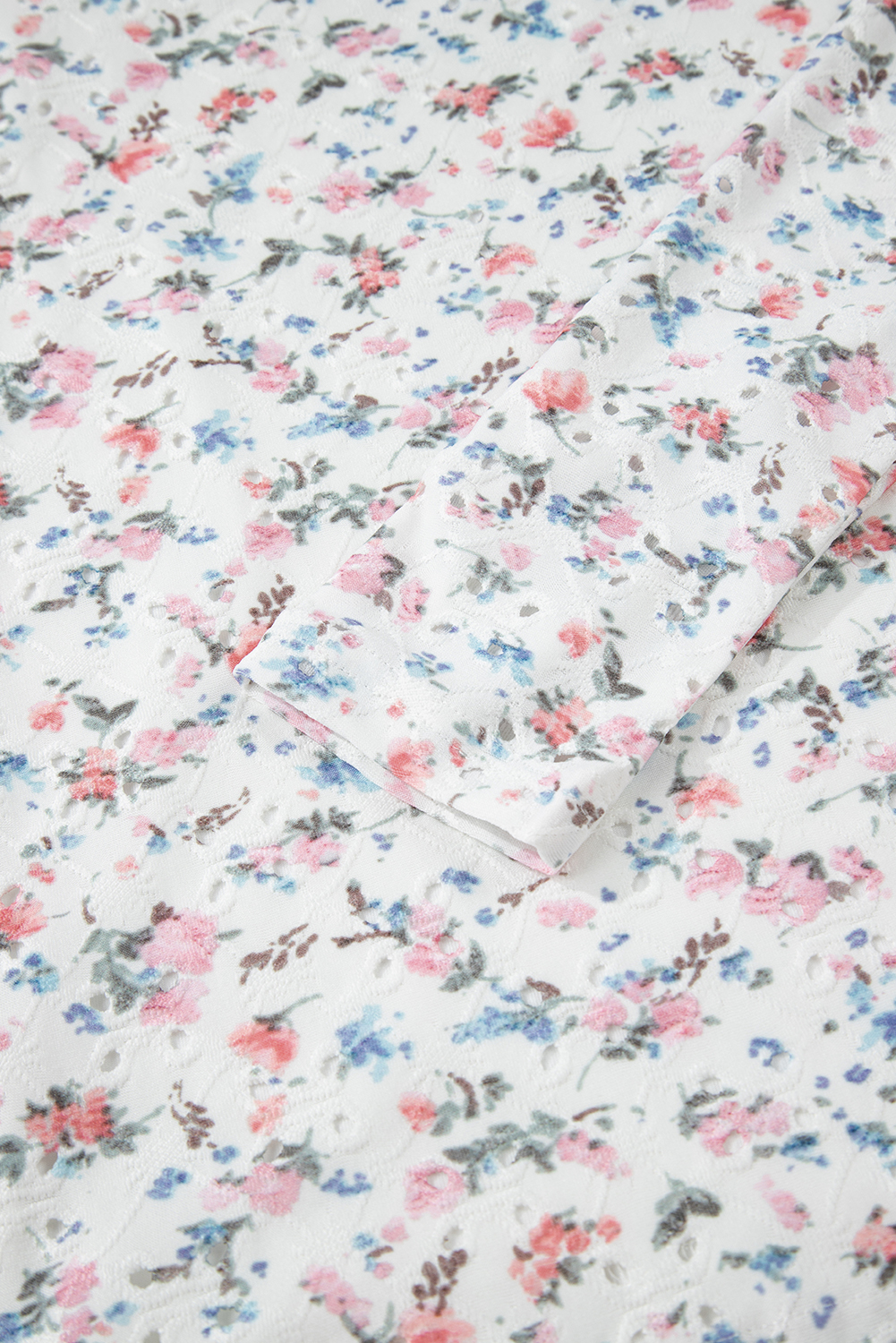 White Floral Print Textured Square Neck Slim Fit Long Sleeve Top - Image 7