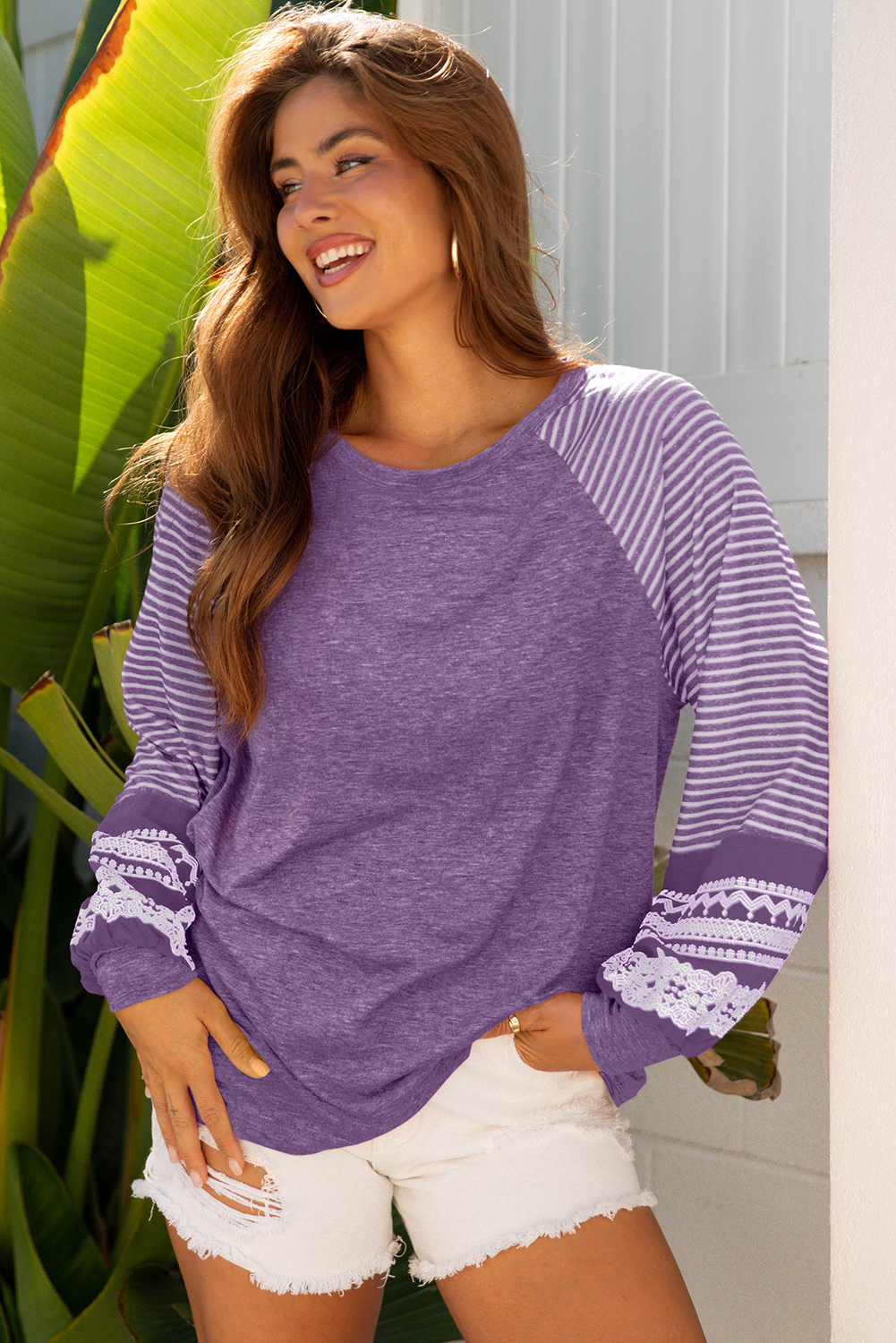 Tillandsia Purple Contrast Print Striped Raglan Long Sleeve Loose Top - Image 10