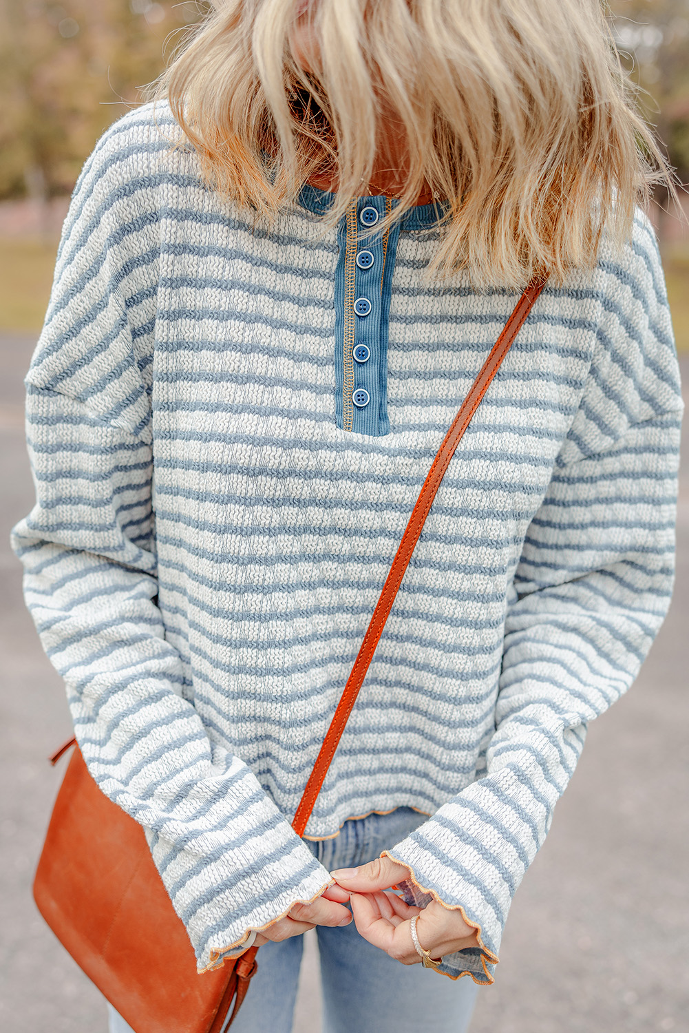 Sky Blue Stripe Textured Frilly Trim Buttons Henley Long Sleeve Top - Image 8