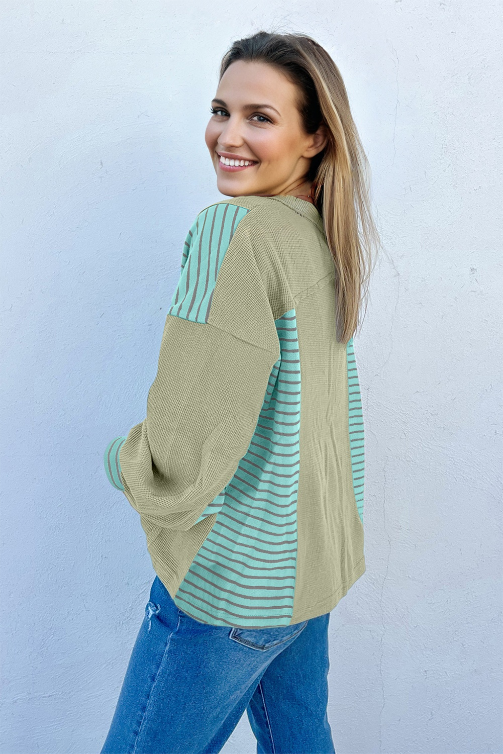 Meadow Mist Green Exposed Seam Waffle Striped Patchwork Baggy Pullover - Image 2