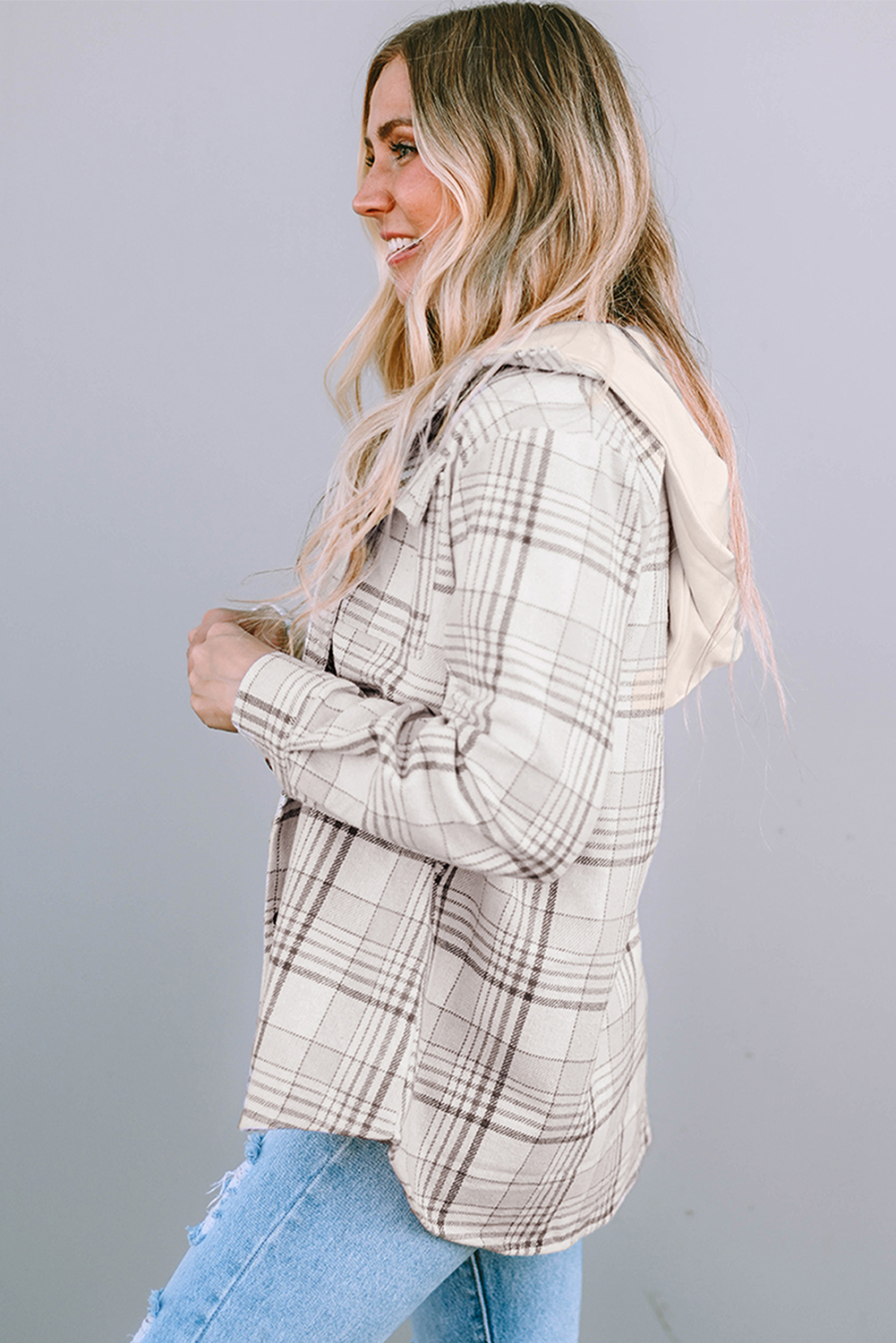 Khaki Plaid Removable Hood Buttoned Shacket - Image 8