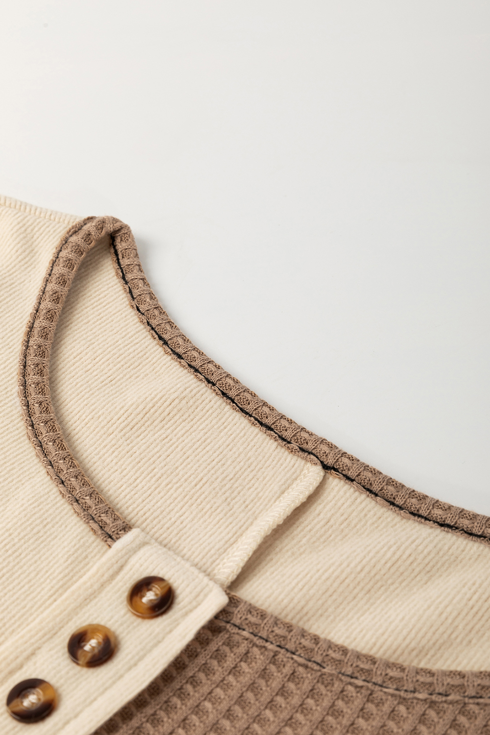 Beige Color Block Waffle Knit Stitch Detail Long Sleeve Top - Image 8