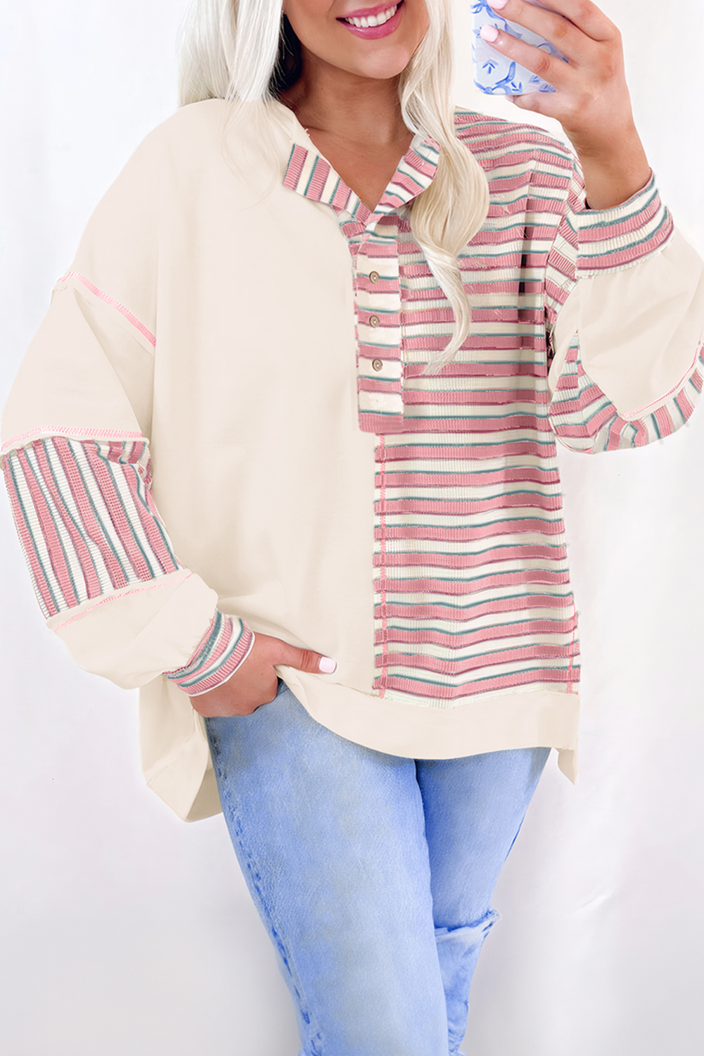 Pink Stripe Stitched Detail Color Block Patchwork Oversized Pullover Top - Image 5