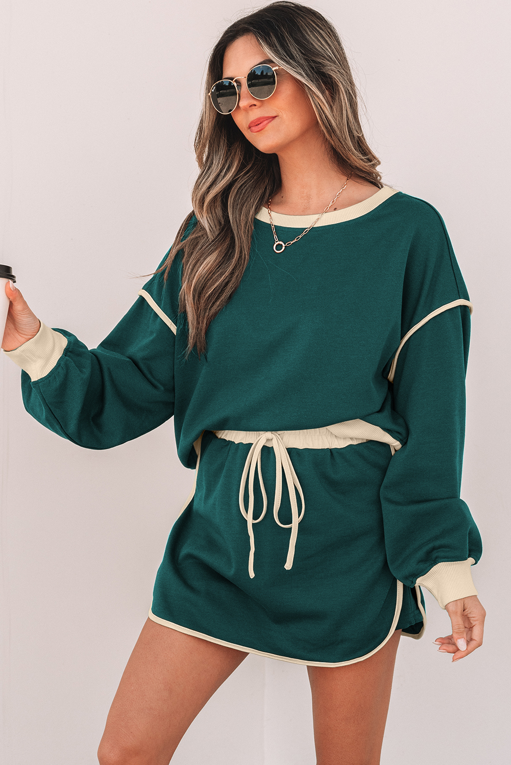 Evergreen Color Contrast Loose Pullover and Lace-up Waist Skort Set - Image 4