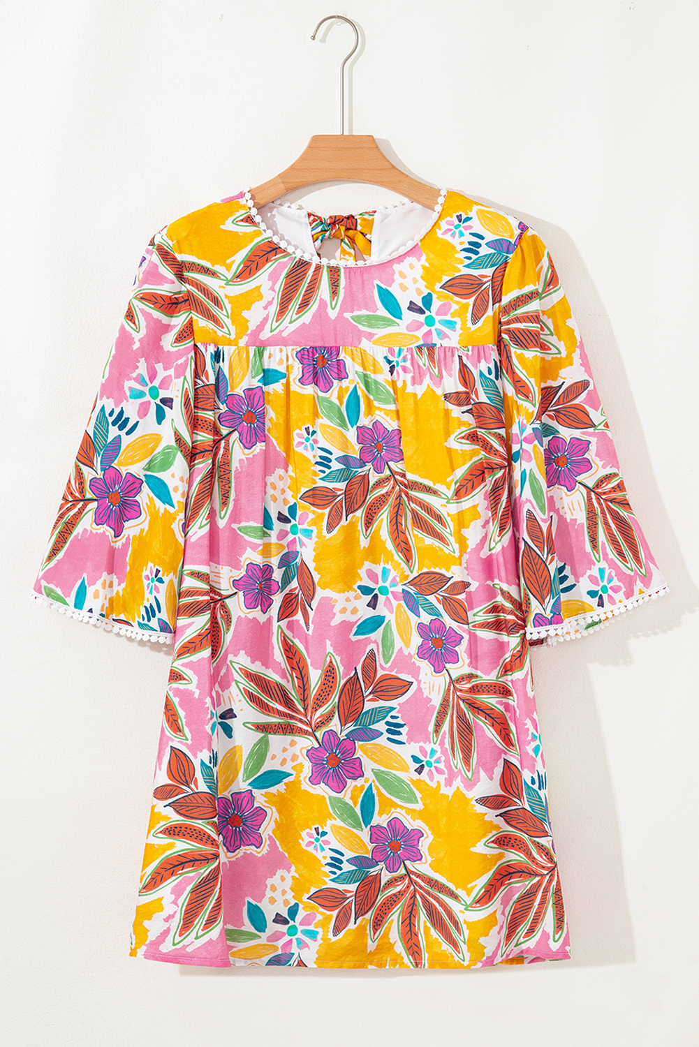 Pink Floral Print Lace Trimmed Tie Back Bell Sleeve Swing Mini Dress - Image 8