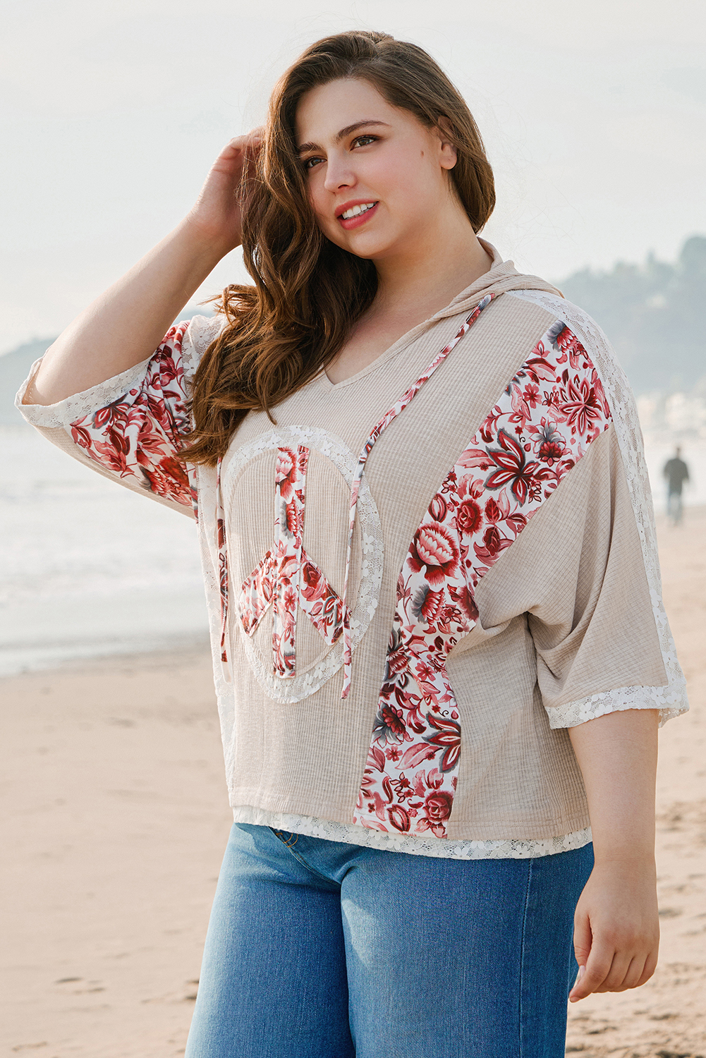 Khaki V Neck Floral Peace Sign Graphic Lace Patch Ribbed Plus Size Hooded Top - Image 3