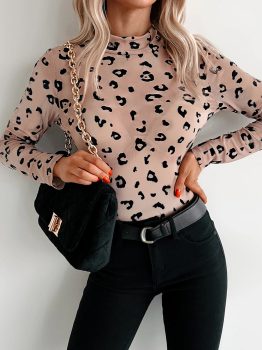 Khaki Mock Neck Sheer Mesh Leopard Long Sleeve Bodysuit