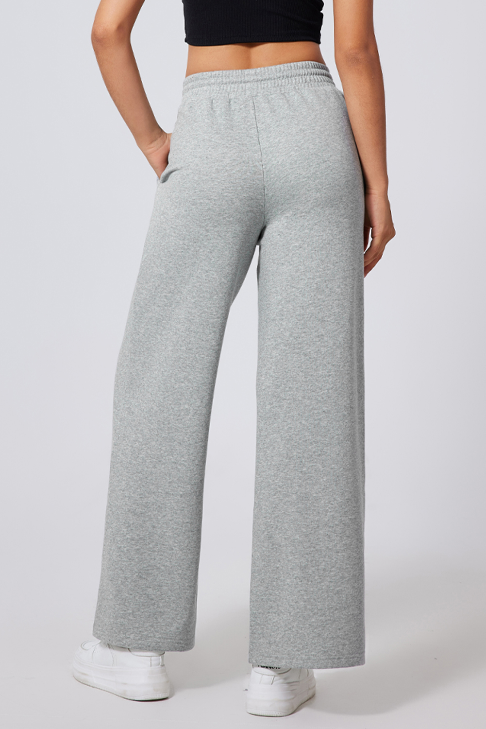 Gray Seamed Drawstring High Waist Wide Leg Sweatpants - Image 2