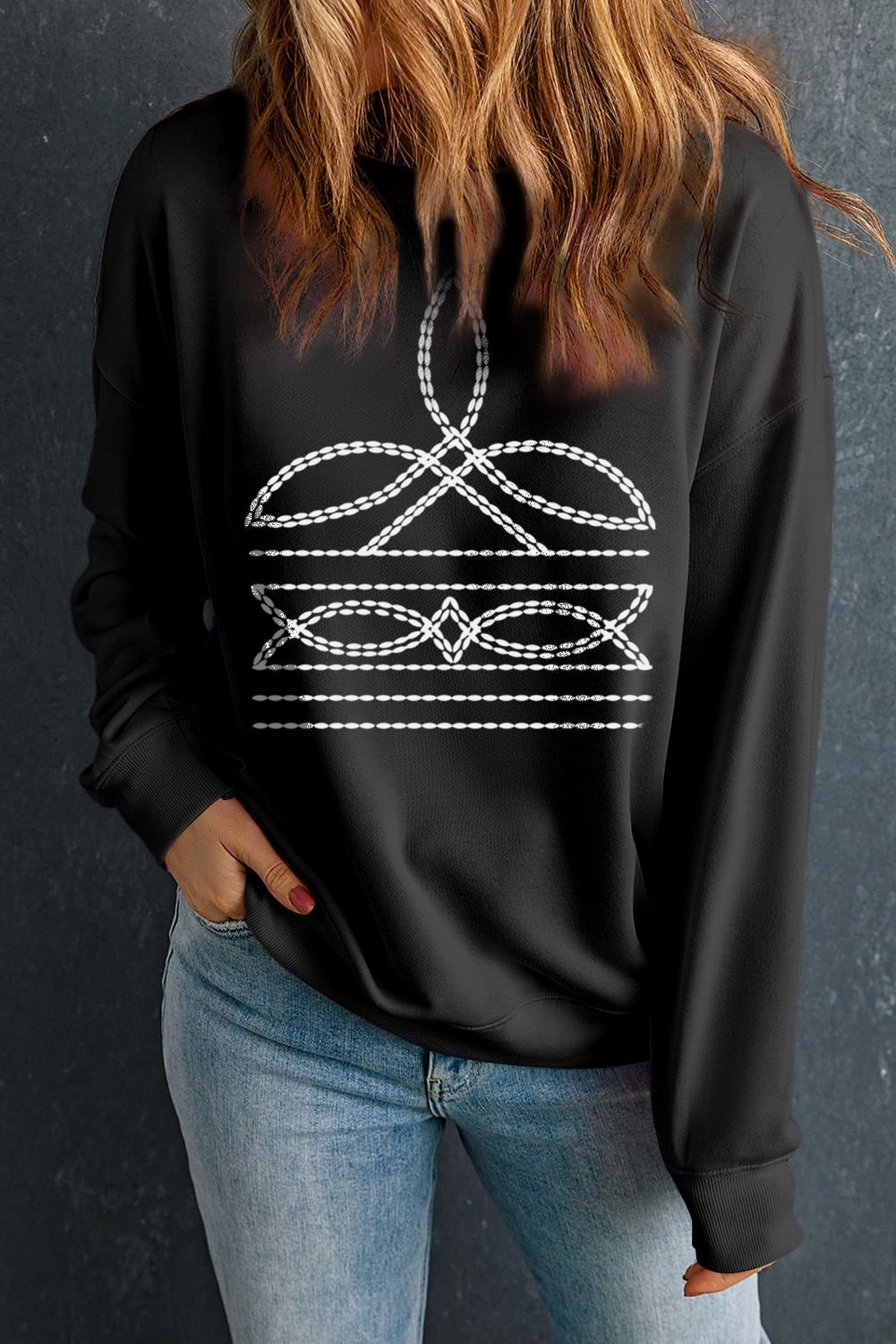 Black Western Pattern Print Round Neck Pullover Sweatshirt - Image 4