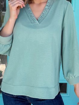 Moonlight Jade Frilled V Neckline Bracelet Sleeve Crinkled Blouse