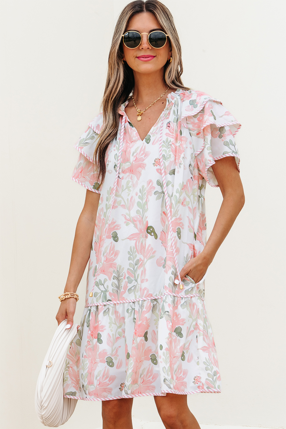 Pink Floral Contrast Edge Layered Short Sleeve Mini Dress - Image 6
