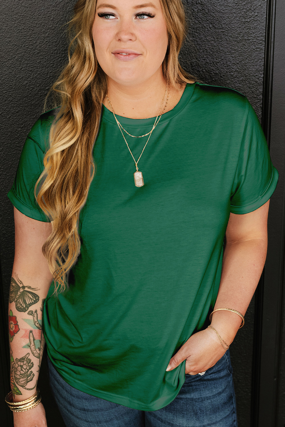 Dark Green Round Neck Rolled Sleeve Plus Size T-shirt - Image 4