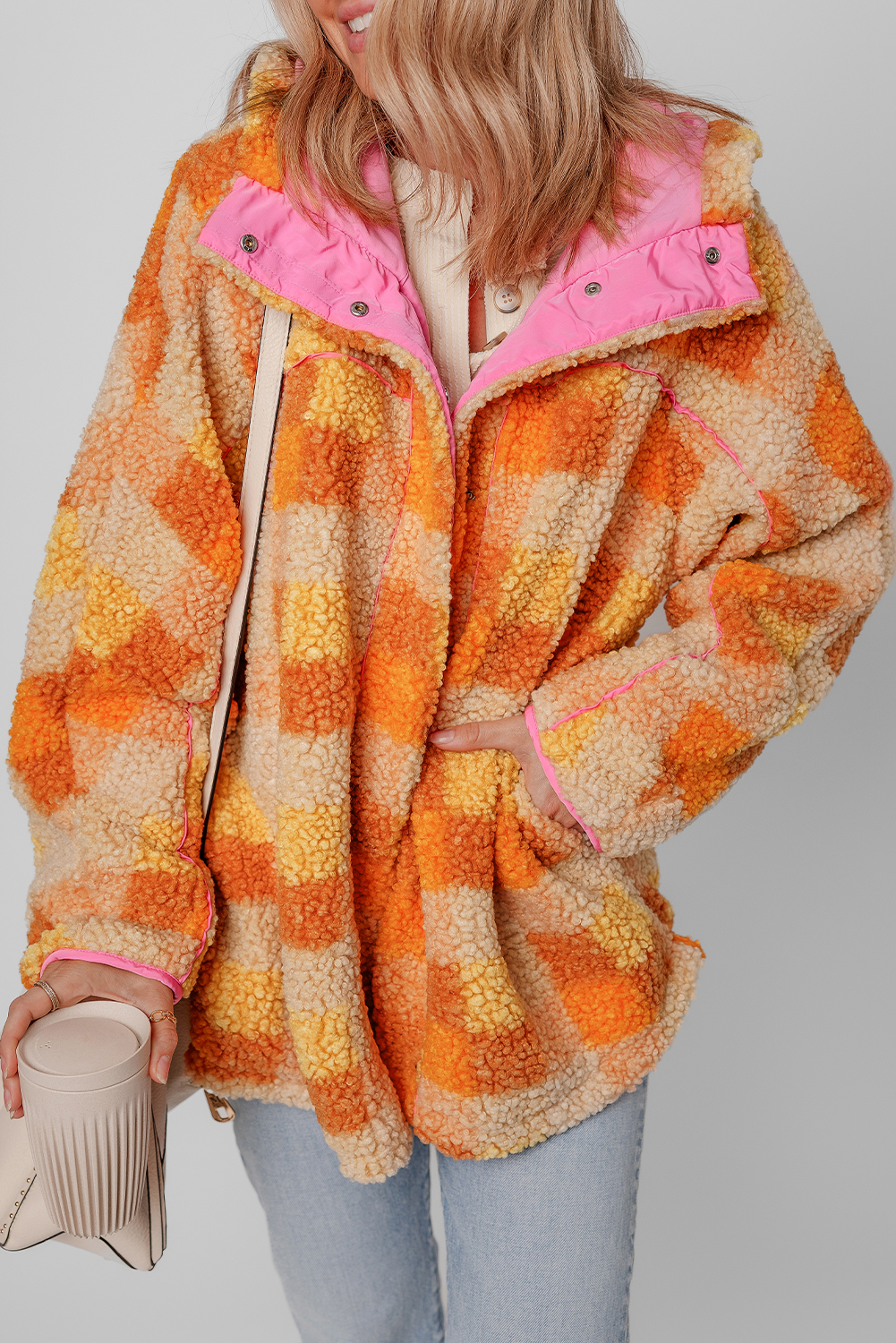 Orange Checkered Sherpa Hooded Jacket - Image 4