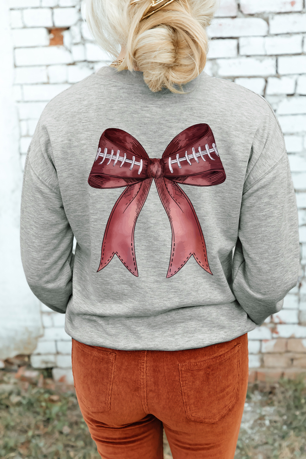 Gray Football Bow Print Drop Shoulder Pullover Sweatshirt - Image 8