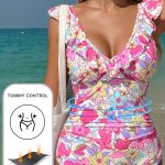 Pink Floral Ruffle Trim V Neck Lace-up Back Tummy Control One Piece Swimsuit