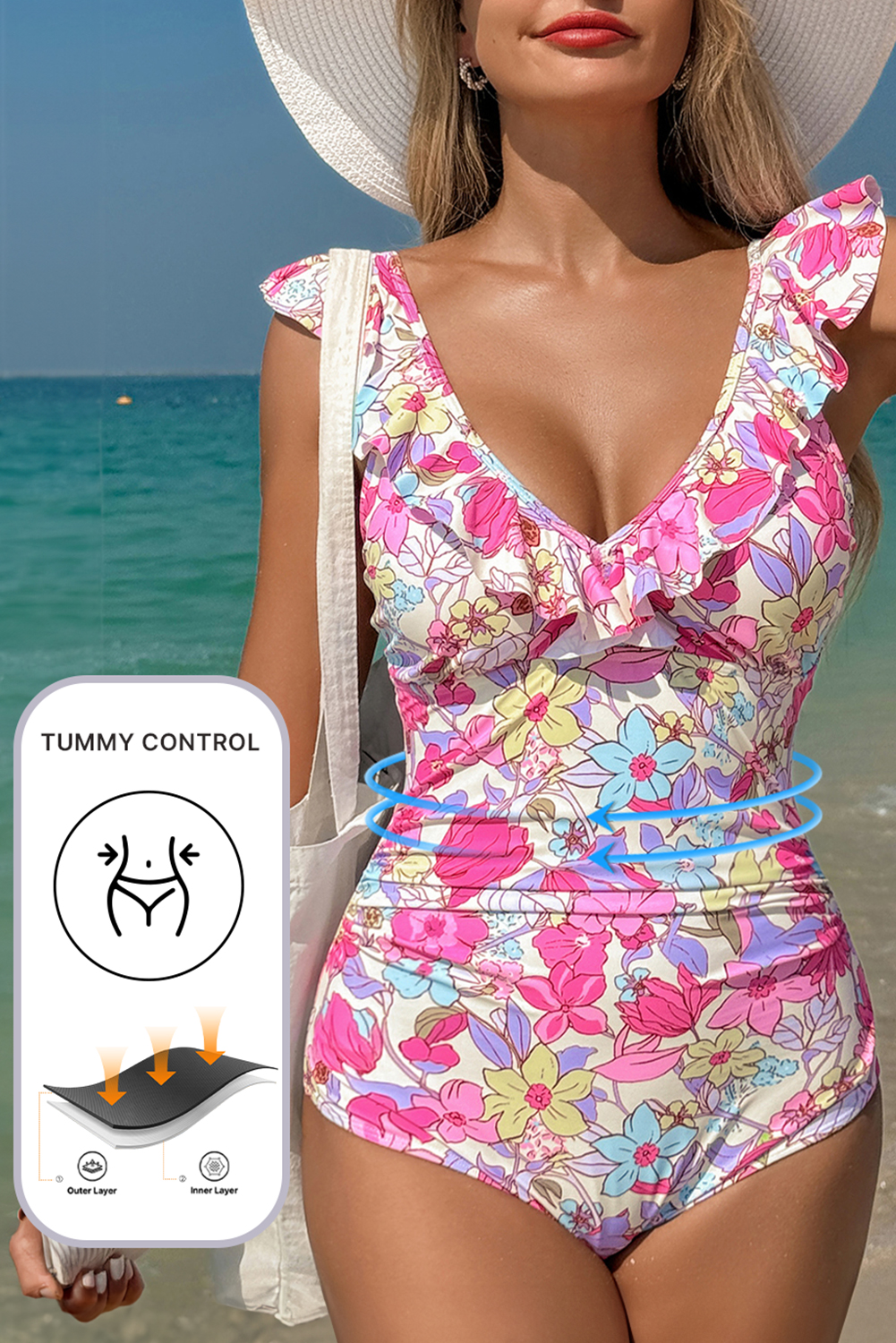 Pink Floral Ruffle Trim V Neck Lace-up Back Tummy Control One Piece Swimsuit