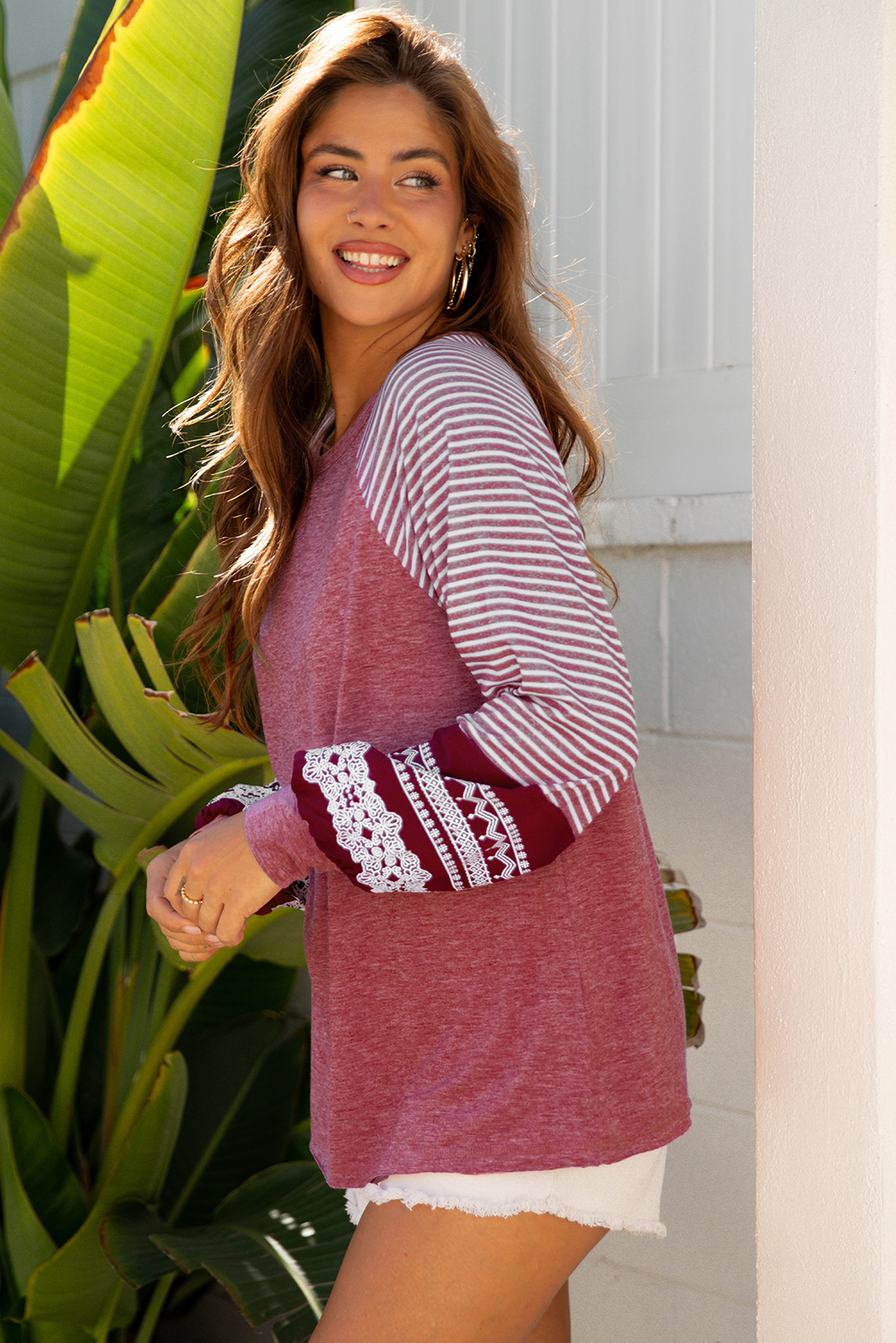 Mineral Red Contrast Print Striped Raglan Long Sleeve Loose Top - Image 3